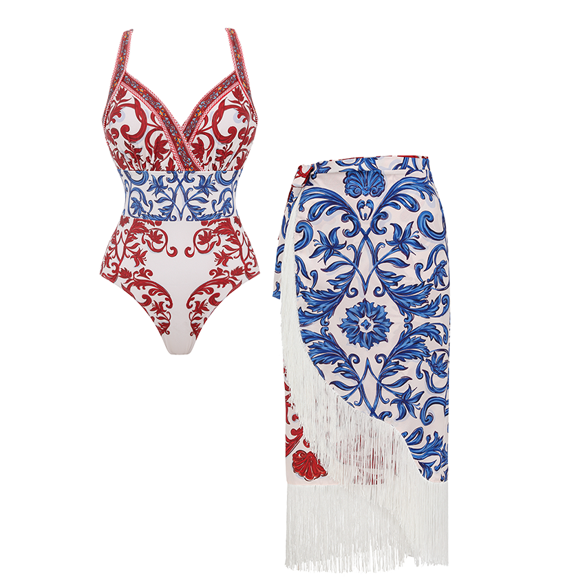 Red & Blue Seville Tiles Print V-Neck Swimsuit Set(s)