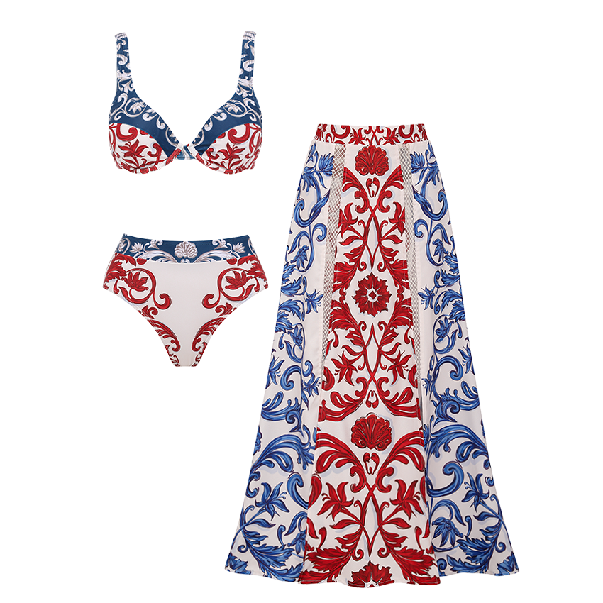 Red & Blue Seville Tiles Print Bikini Swimsuit Set(s)