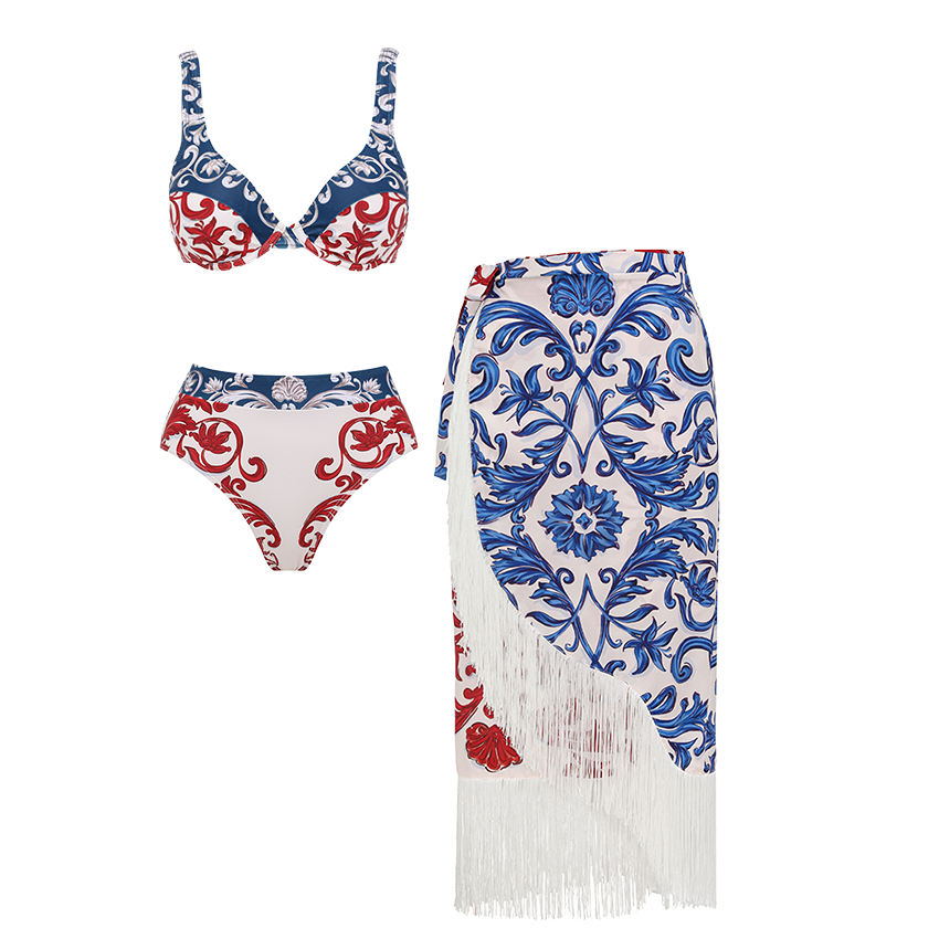 Red & Blue Seville Tiles Print Bikini Swimsuit Set(s)
