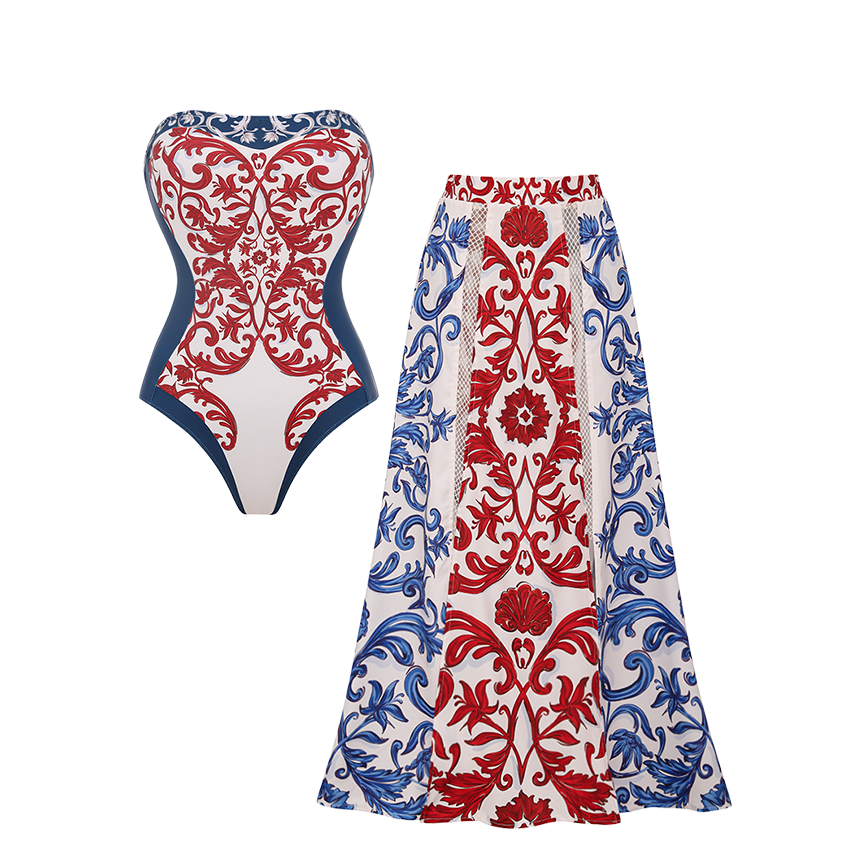 Red & Blue Seville Tiles Print Strapless Swimsuit Set(s)
