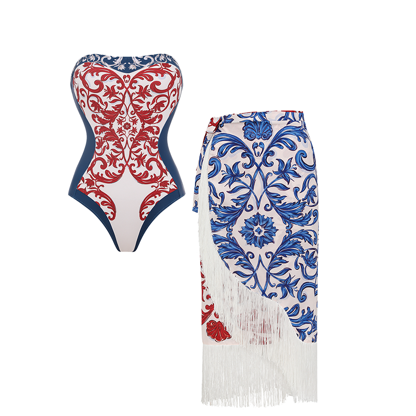 Red & Blue Seville Tiles Print Strapless Swimsuit Set(s)