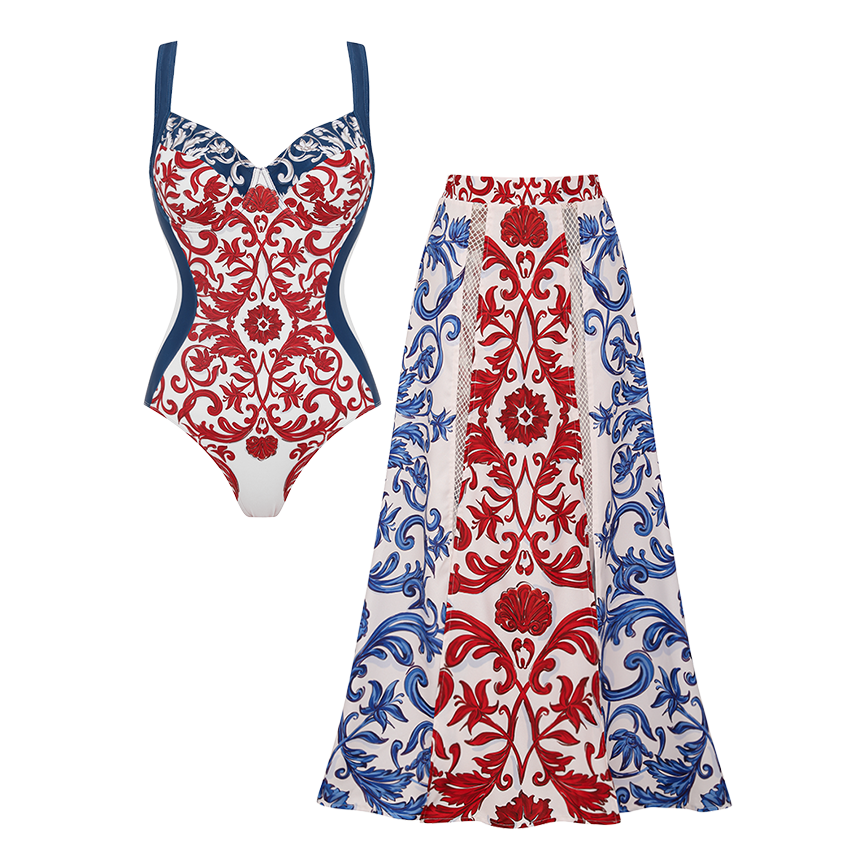 Red & Blue Seville Tiles Print Waist-Slimming Swimsuit Set(s)