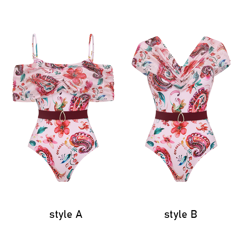Off-shoulder Pink Paisley Print Swimsuit Set(s)