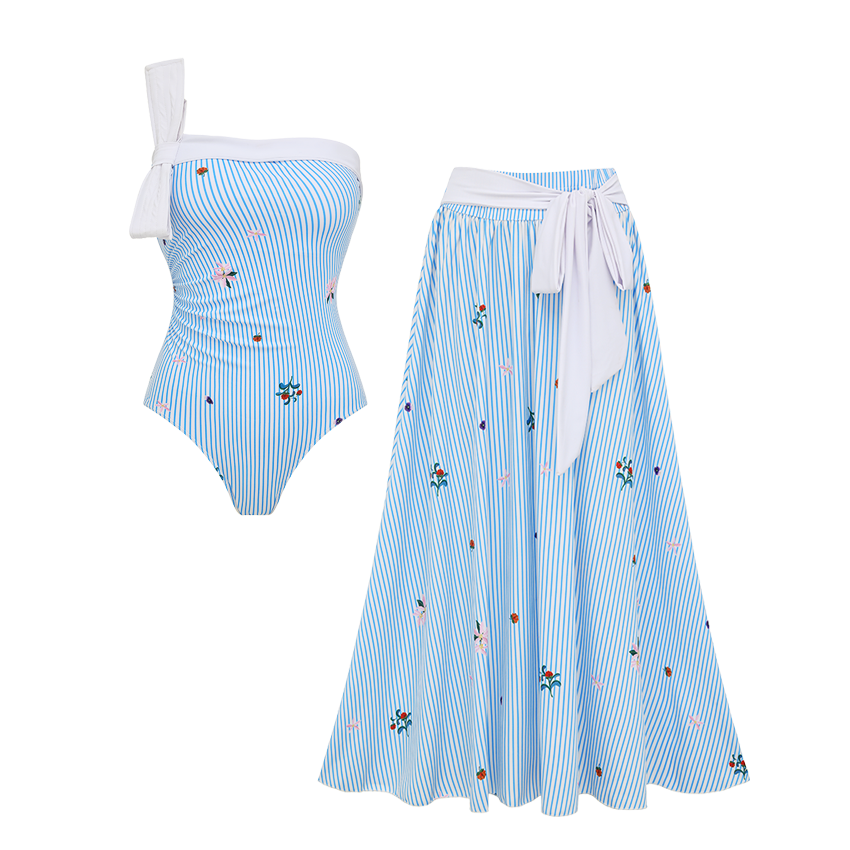 Bow Decoration Blue Stripes Swimsuit Set(s)