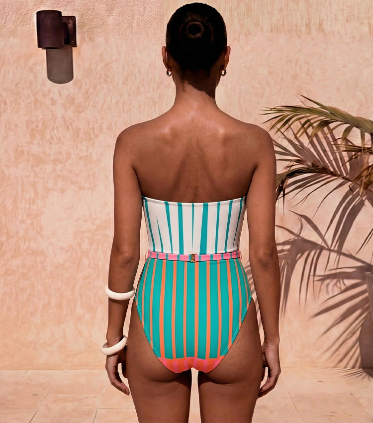 Strapless Colorful Striped Print Swimsuit Set(s)