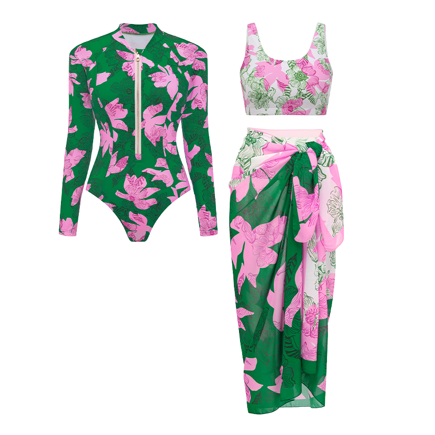 Zipper Printed Long Sleeve Rashguard Swimsuit Set(s)