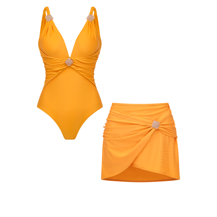 Gold V-Neck Pleated Decoration Swimsuit Set(s)