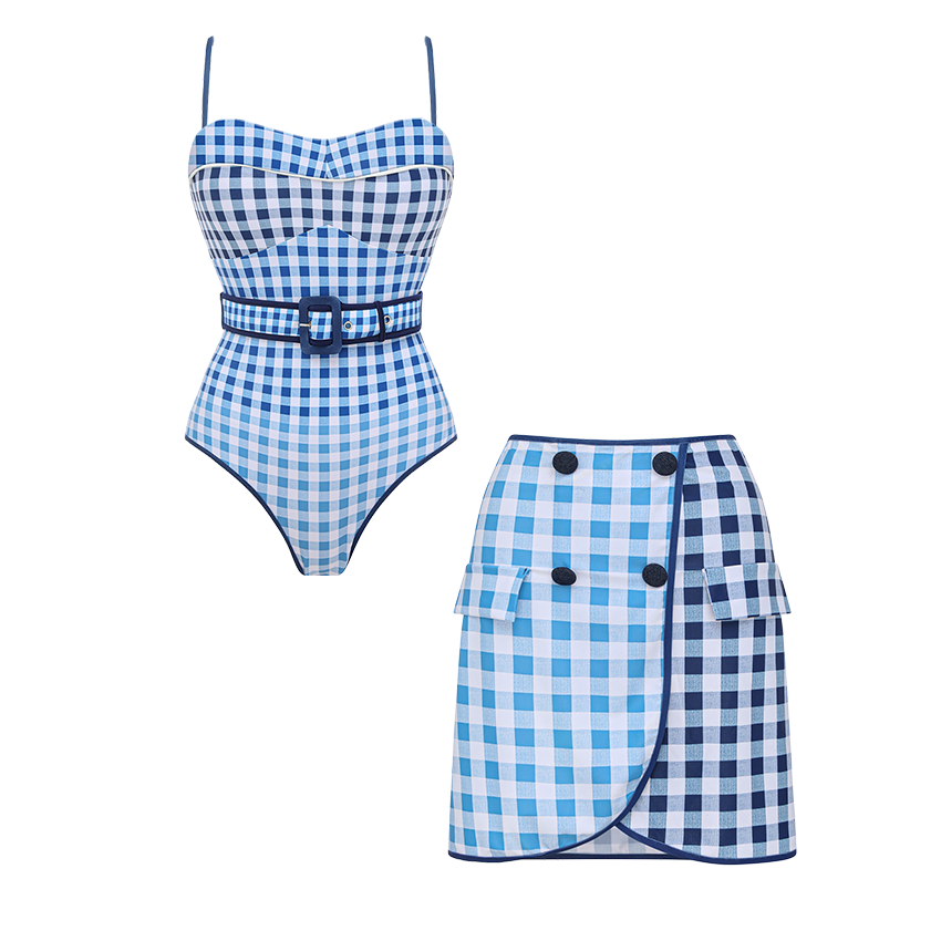 Belt Plaid Printed Swimsuit Set(s)