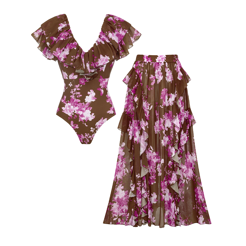 V Neck Ruffle Blossom Print Swimsuit Set(s)