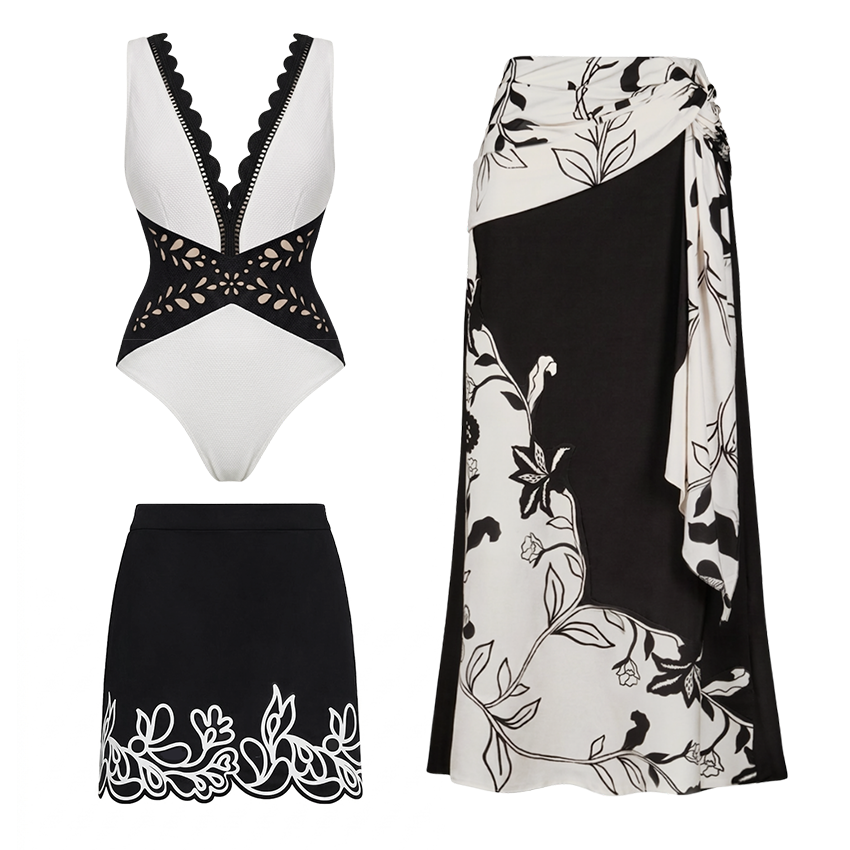V Neck Black and White Laser Cut Swimsuit Set(s)