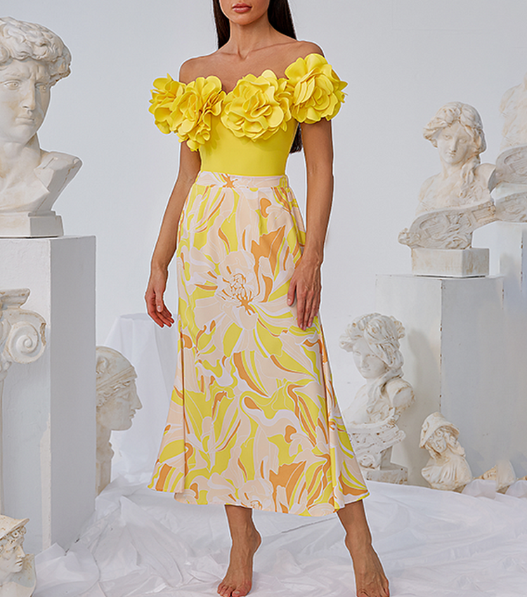 3D Flowers Decor One Piece Swimsuit and Skirt Flaxmaker