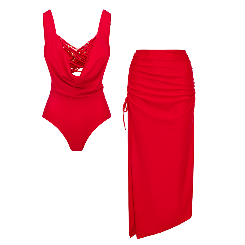 Red Halter Neckline Cutout  Swimsuit Set(s)