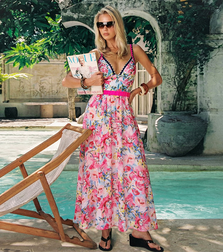 V-neck Pink Iris Print Swimsuit Set(s)