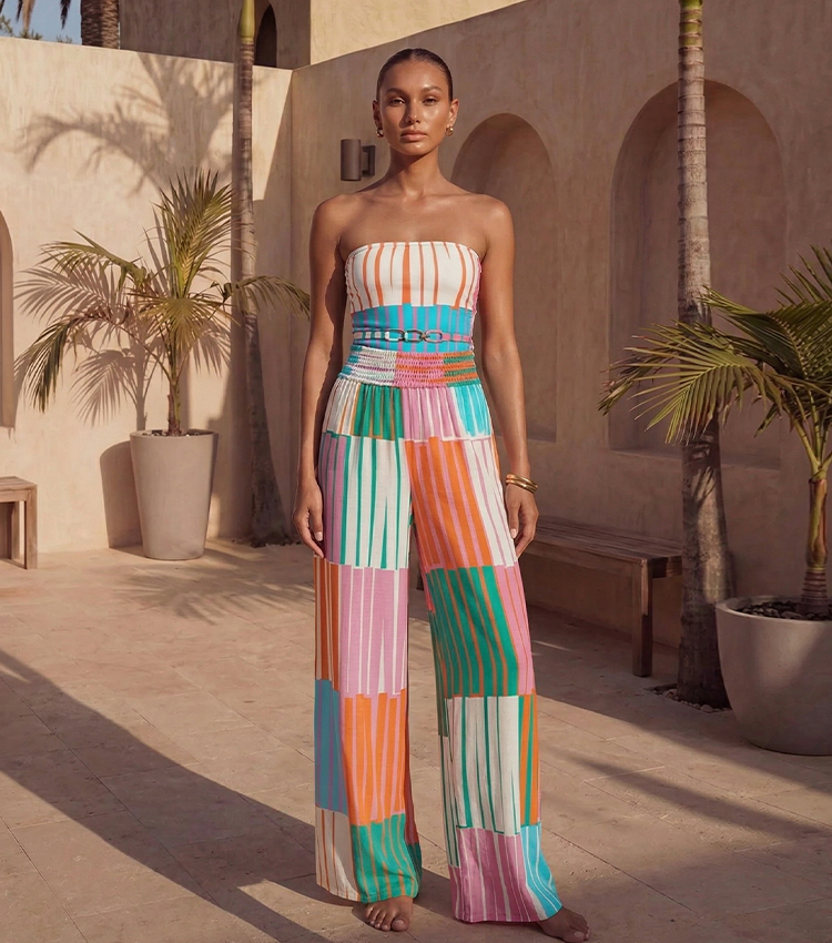 Strapless Colorful Striped Print Swimsuit Set(s)