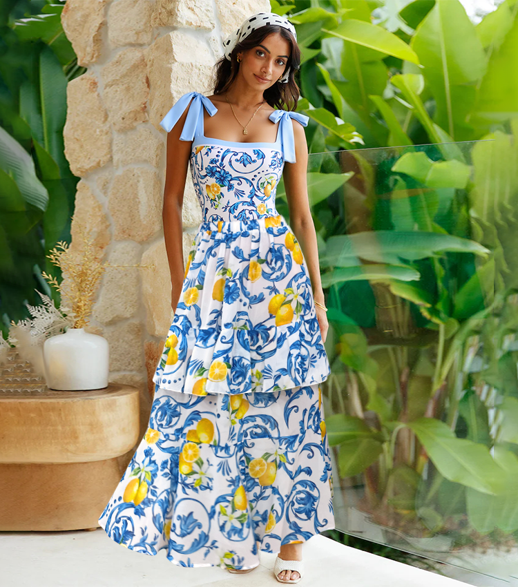 Lemon Print Tie-shoulder One Piece Swimsuit and Sarong or Skirt Flaxmaker