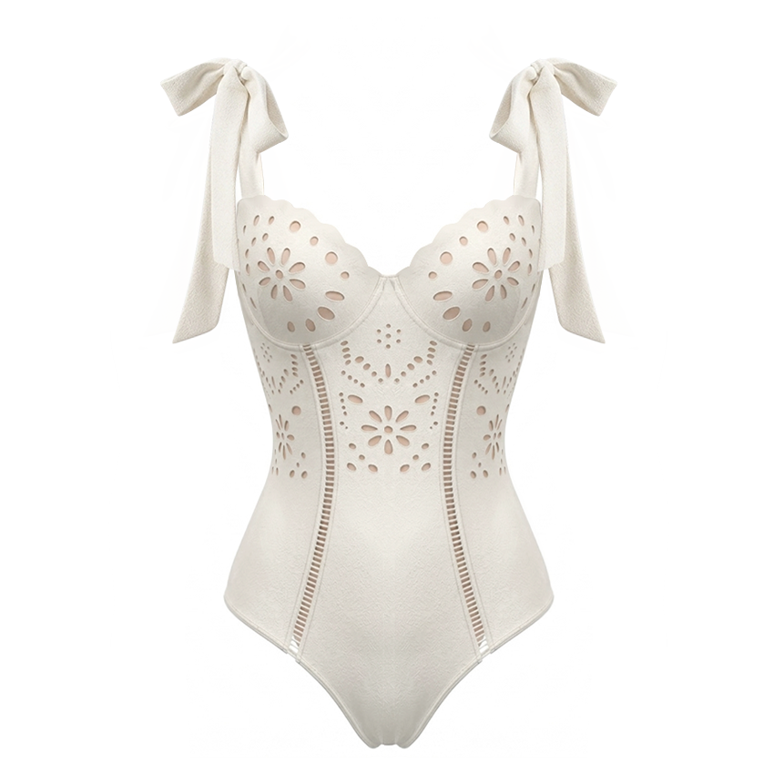 White Color Laser Cutting Flower Swimsuit Set(s)
