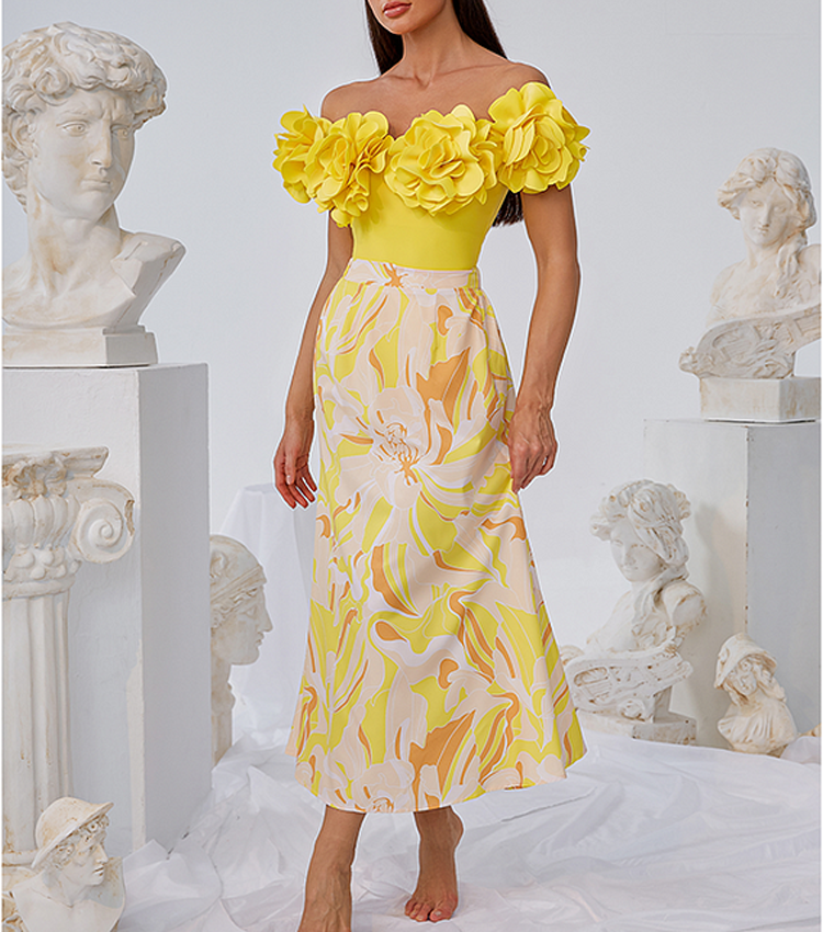 3D Flowers Decor One Piece Swimsuit and Skirt Flaxmaker