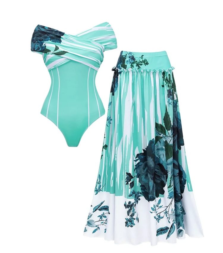 Off Shoulder Blossom Print One Piece Swimsuit and Skirt