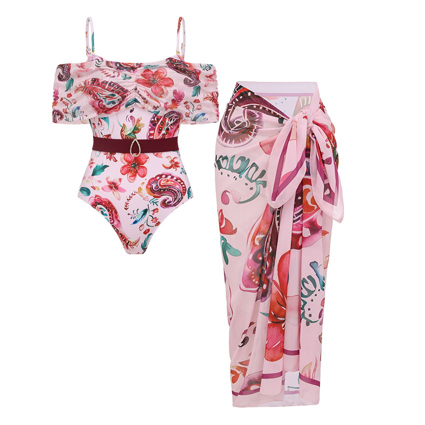 Off-shoulder Pink Paisley Print Swimsuit Set(s)