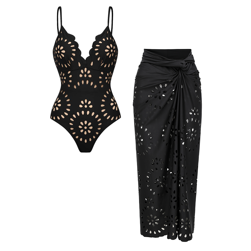 Black Laser Cutting Flower Hollow One Piece Swimsuit and Skirt