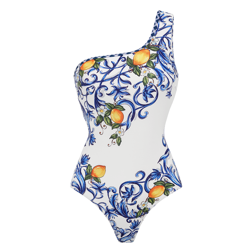 One Shoulder Lemon Printed Swimsuit Set(s)