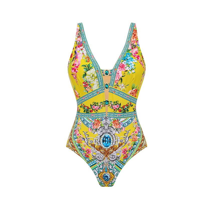 Diamond Decoration Bougainvillea Print Swimsuit Set(s)