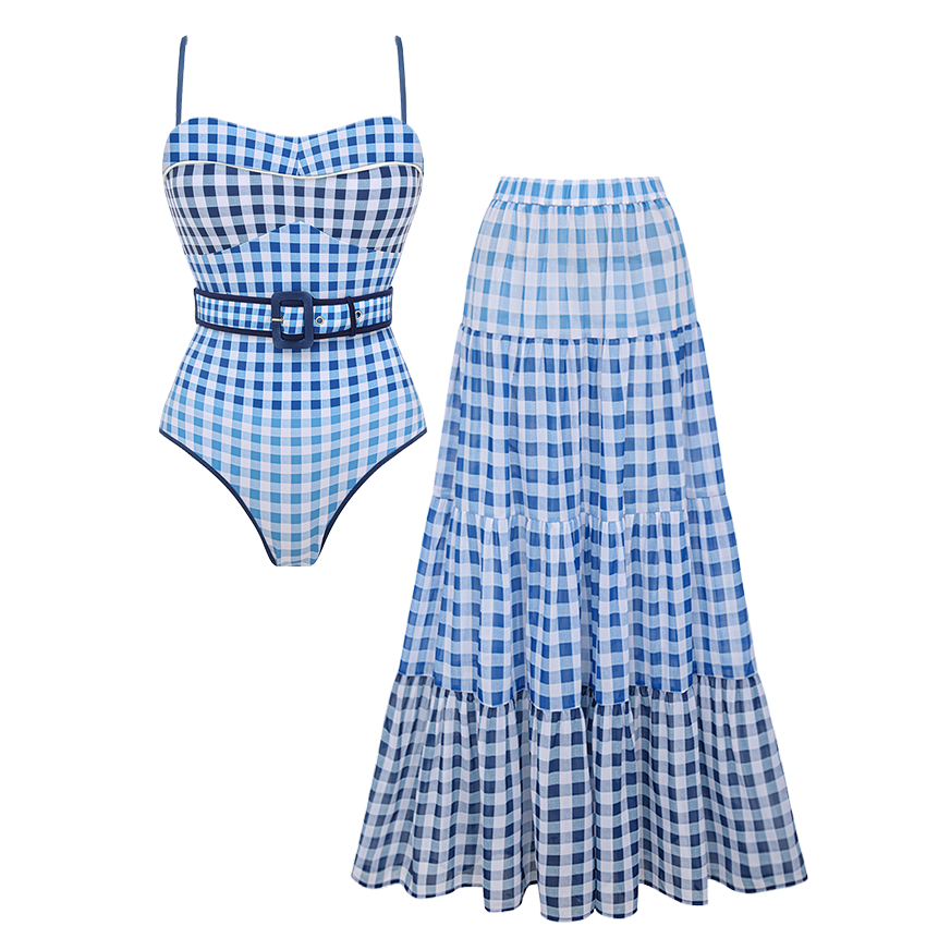 Belt Plaid Printed Swimsuit Set(s)
