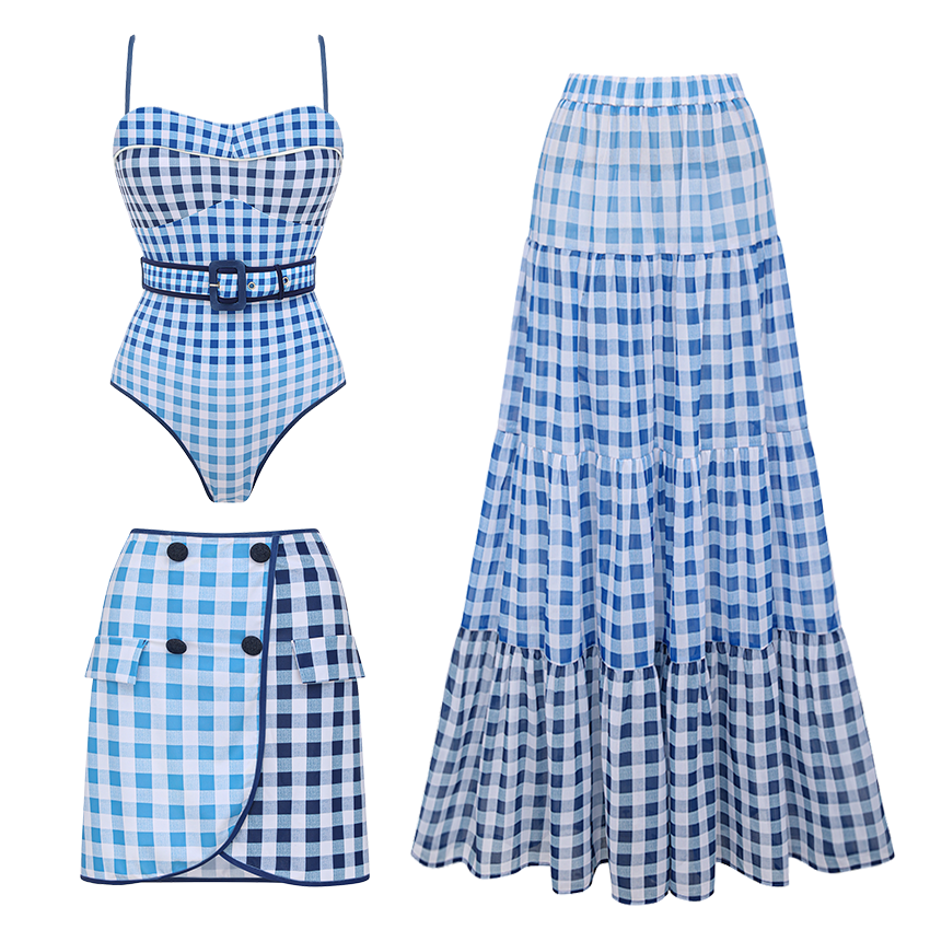 Belt Plaid Printed Swimsuit Set(s)