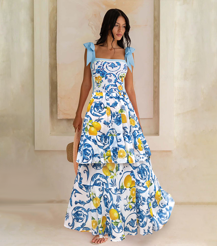 Lemon Print Tie-shoulder One Piece Swimsuit and Sarong or Skirt Flaxmaker