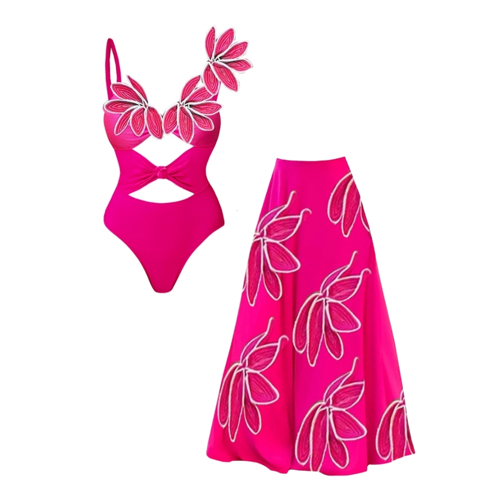 3D Flower Hot Pink Cutout One Piece Swimsuit and Skirt Flaxmaker