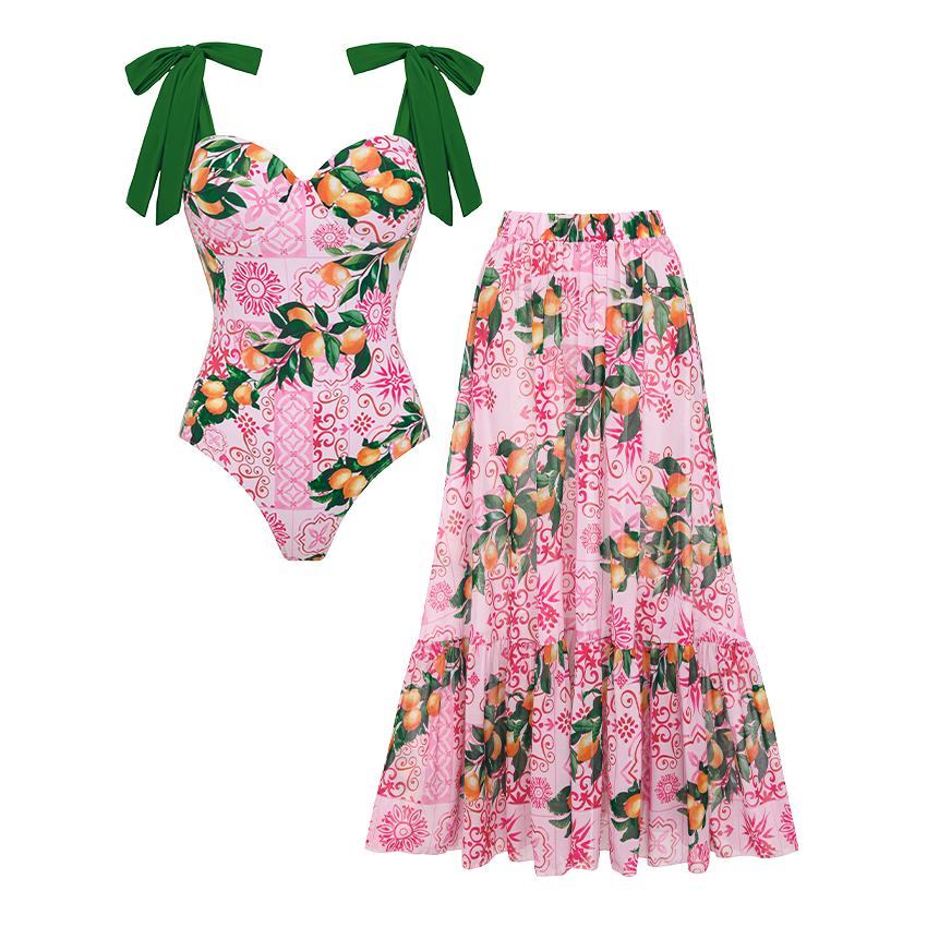 Bandage Bowknot Design Lemon Print Swimsuit Set(s)