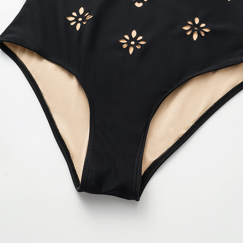 Black V Neck Laser Cutting Flower Hollow One Piece Swimsuit and Skirt