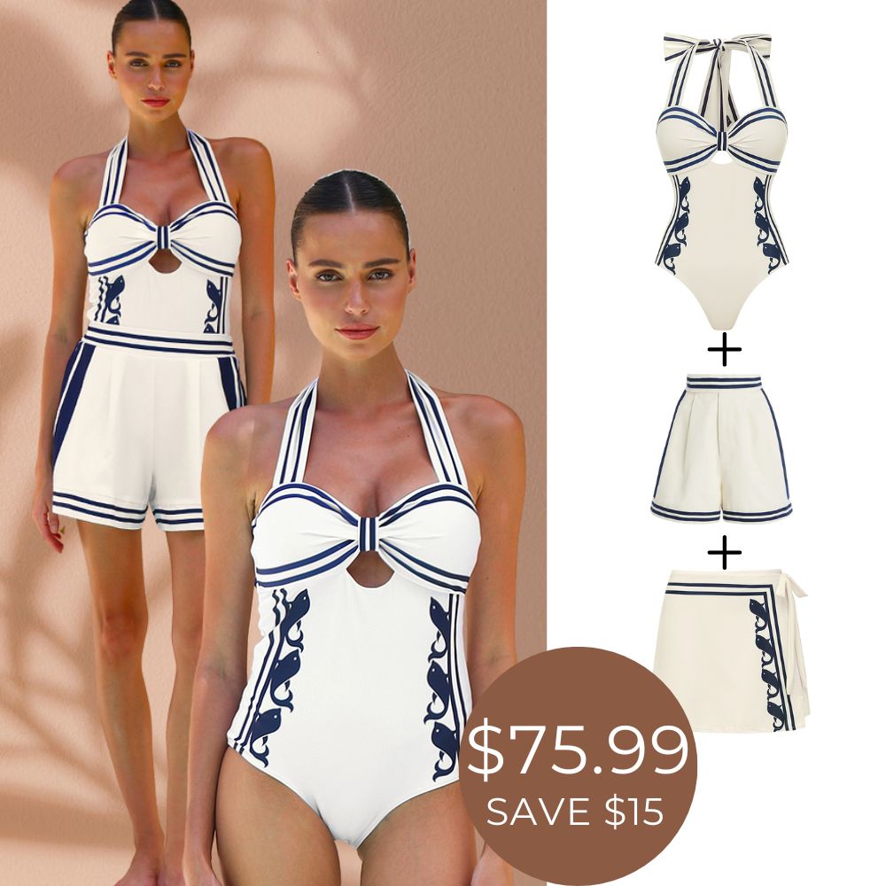 Navy Style Printed Bow Tie Decor One Piece Swimsuit and Skirt
