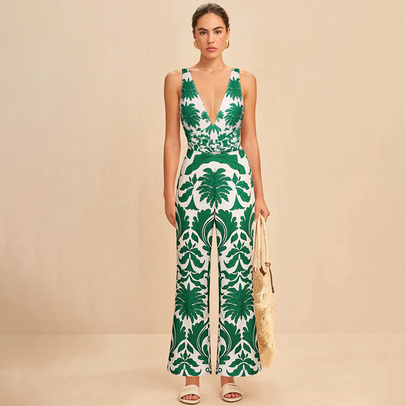 V Neck Printed Knotted at Waist One Piece Swimsuit and Pants Flaxmaker