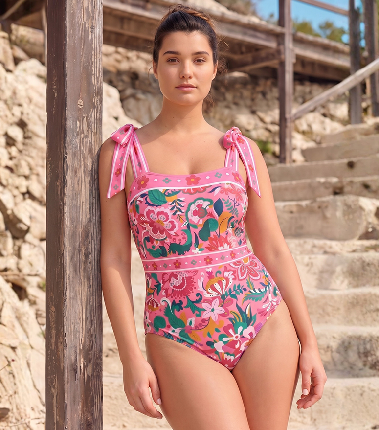 Plus Size Pink Floral Paradise Print One Piece Swimsuit and Skirt