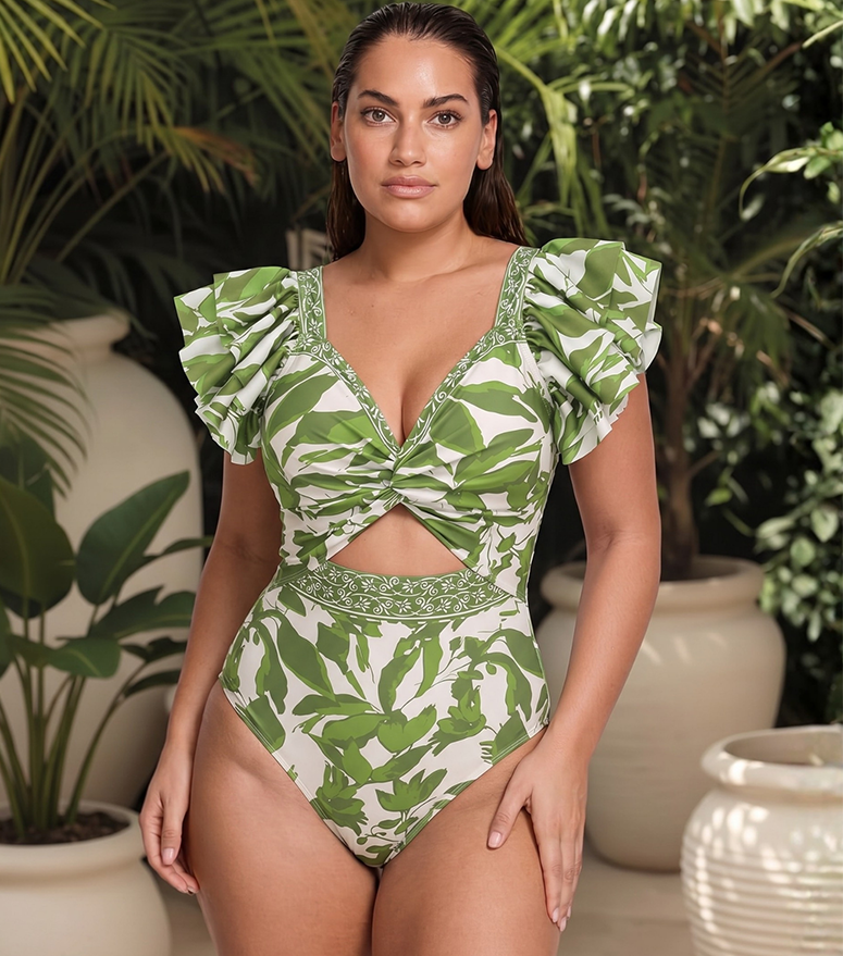 Plus Size Ruffle V Neck Green Print Cut Out Swimsuit Set(s)