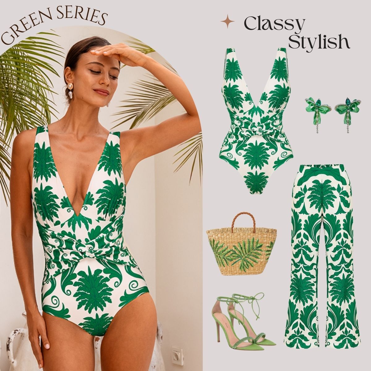 V Neck Printed Knotted at Waist One Piece Swimsuit and Pants Flaxmaker
