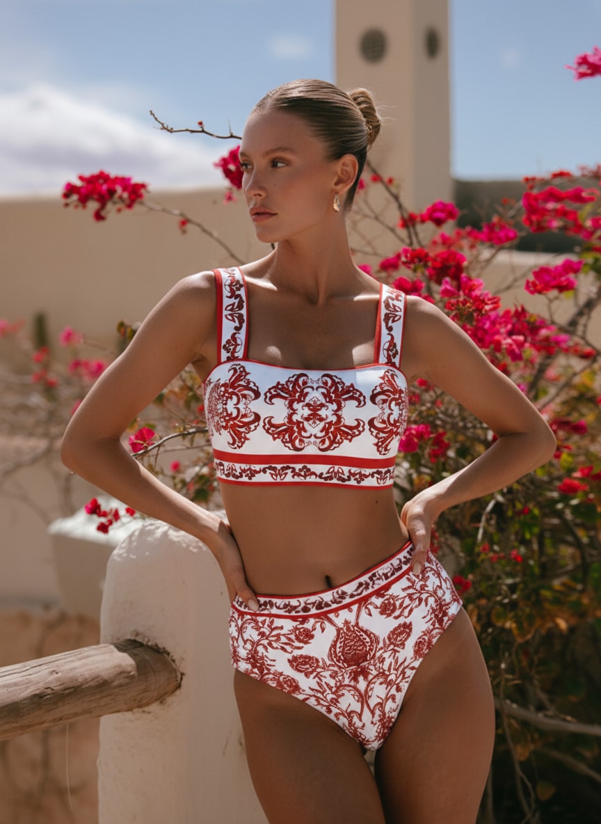 Red Flower Totem Pattern Print Bikini and Skirt