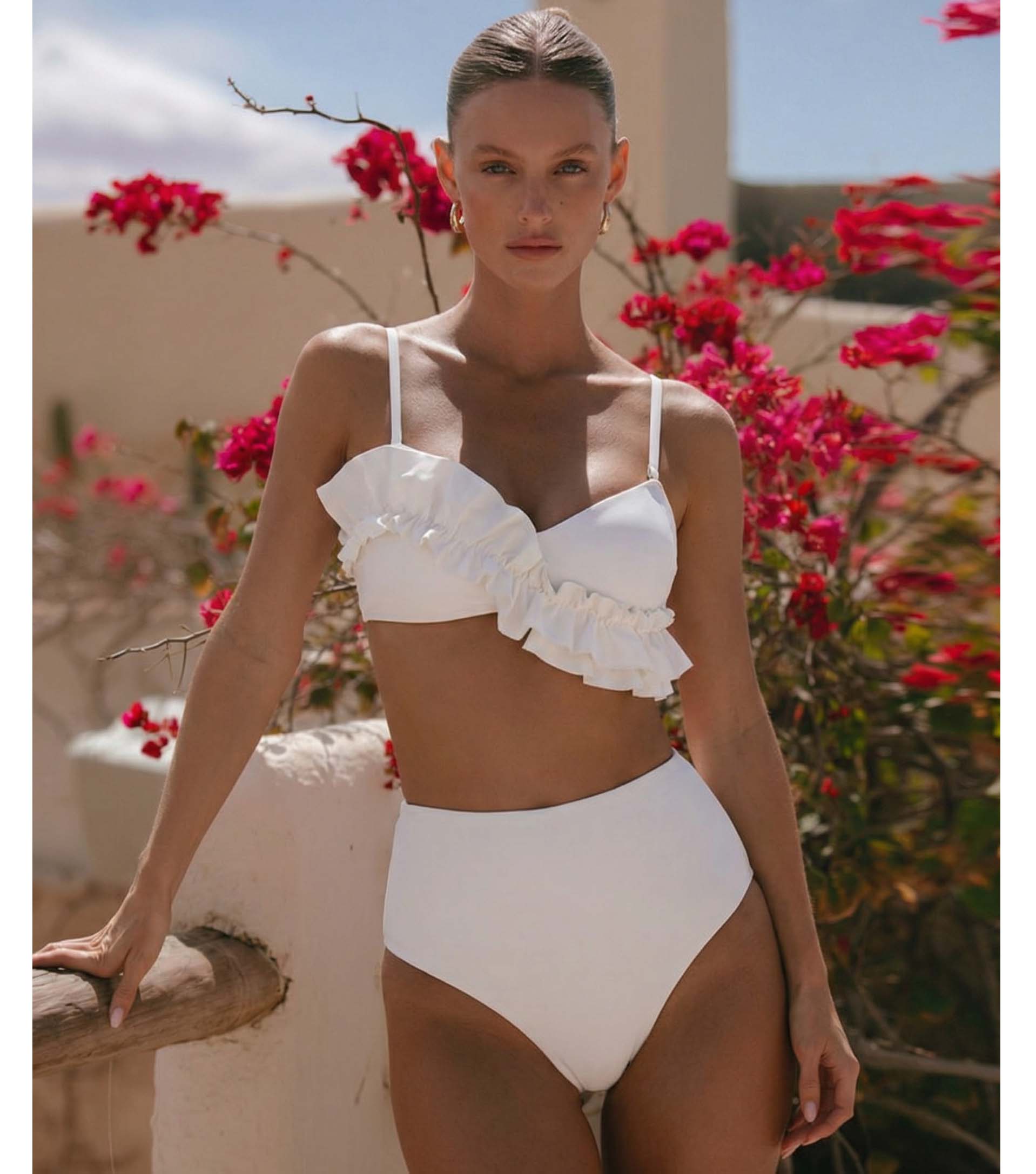 Ruffled Detail White High Waist Bikini Swimsuit and Sarong Flaxmaker