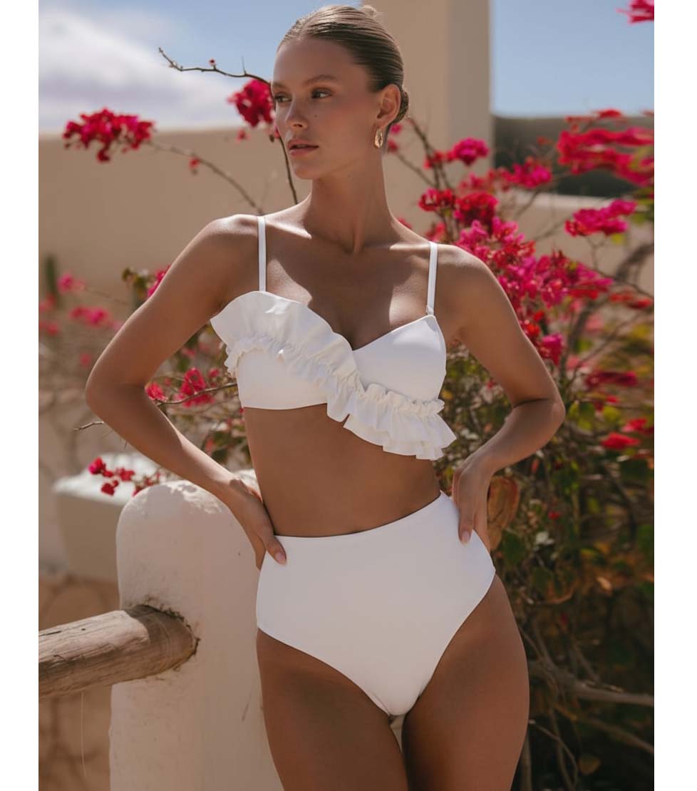 Ruffled Detail White High Waist Bikini Swimsuit and Sarong Flaxmaker