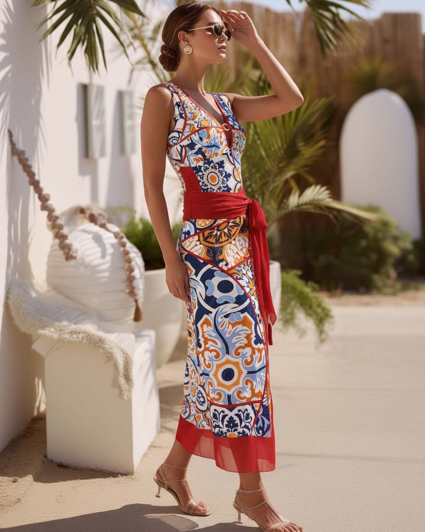 V Nack Printed One Piece Swimsuit and Sarong Flaxmaker