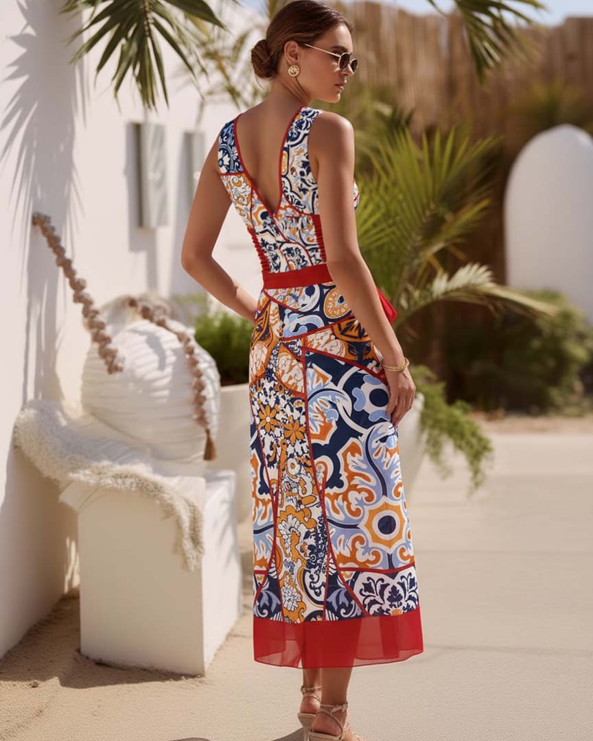 V Nack Printed One Piece Swimsuit and Sarong Flaxmaker