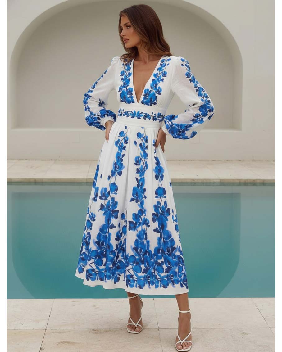 Printed Long Sleeve One Piece Swimsuit and Skirt
