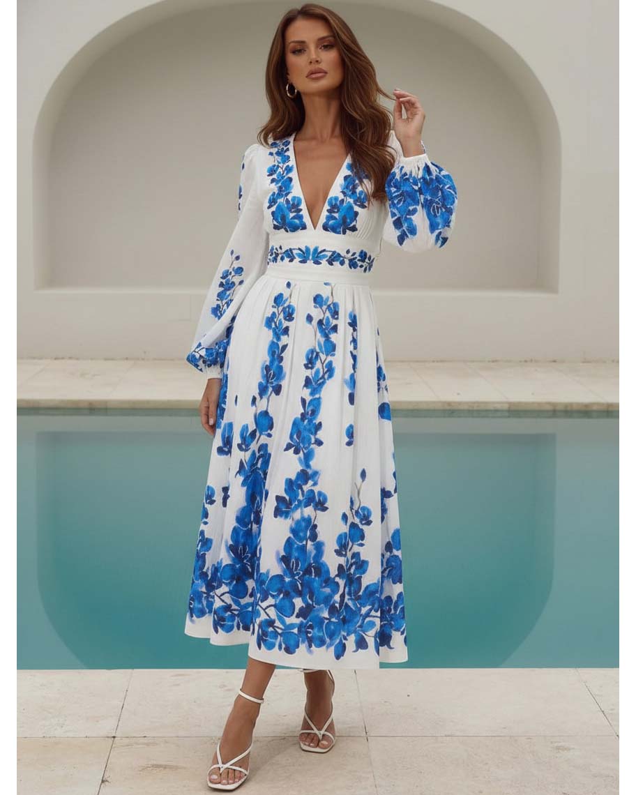 Printed Long Sleeve One Piece Swimsuit and Skirt