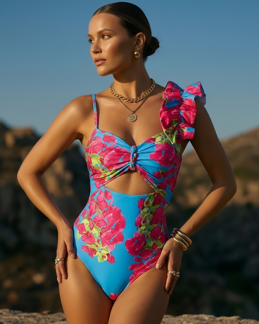 Ruffle Removable Shoulder Strap Pink Bougainvillea Flower Printed One Piece Swimsuit and Skirt Flaxmaker