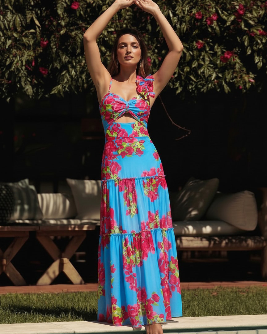 Ruffle Removable Shoulder Strap Pink Bougainvillea Flower Printed One Piece Swimsuit and Skirt Flaxmaker