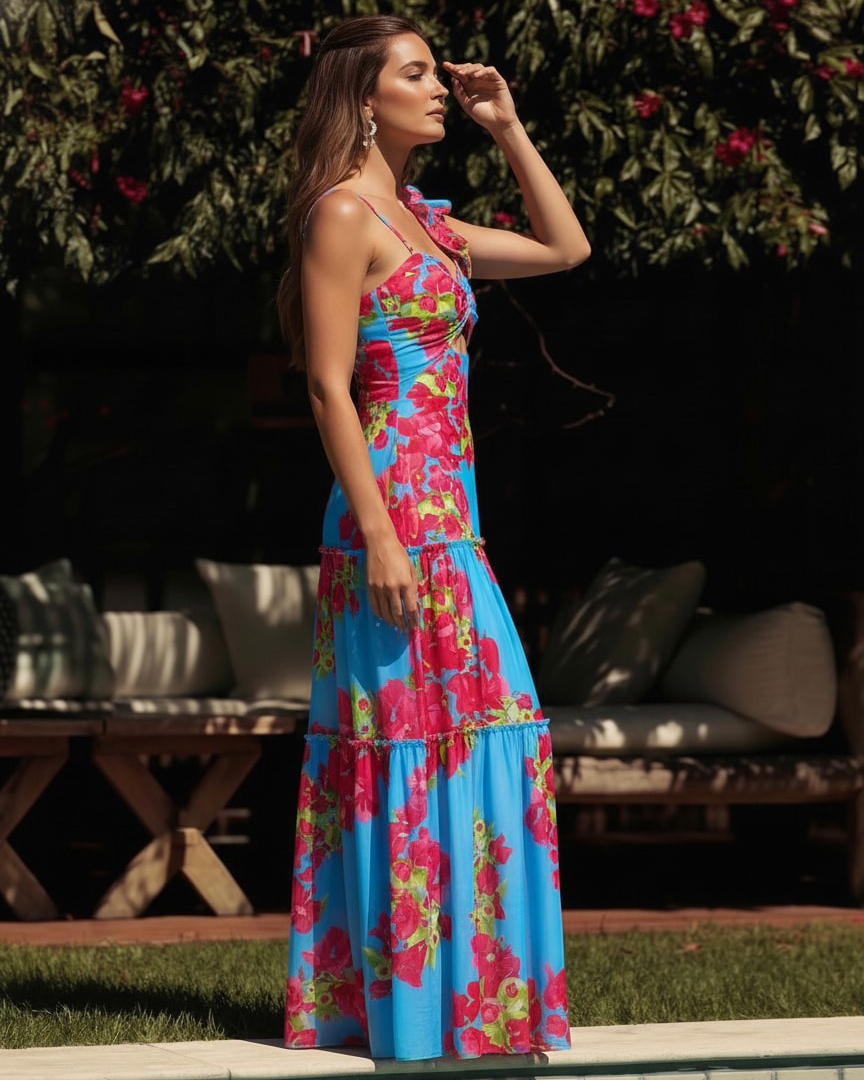 Ruffle Removable Shoulder Strap Pink Bougainvillea Flower Printed One Piece Swimsuit and Skirt Flaxmaker