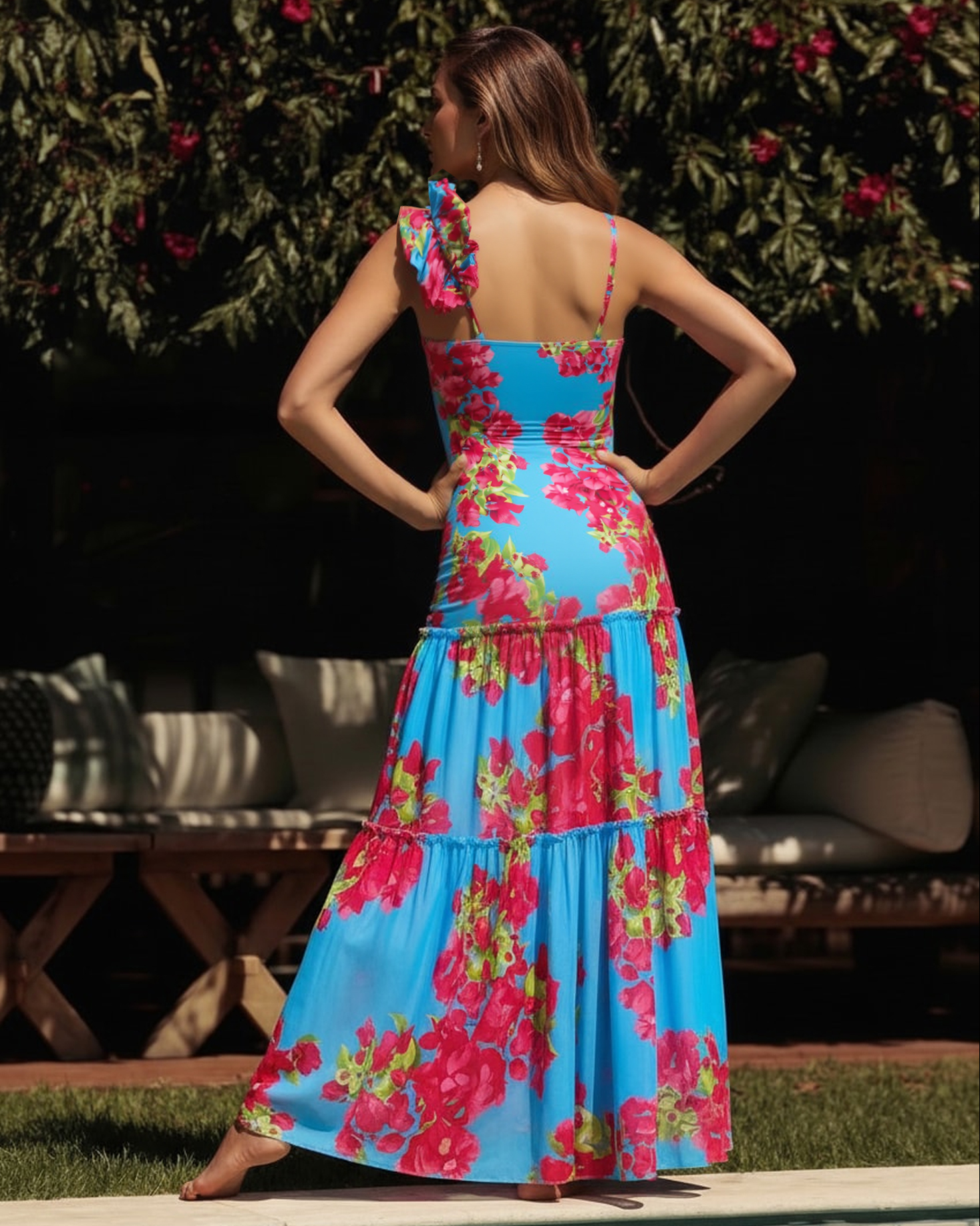 Ruffle Removable Shoulder Strap Pink Bougainvillea Flower Printed One Piece Swimsuit and Skirt Flaxmaker