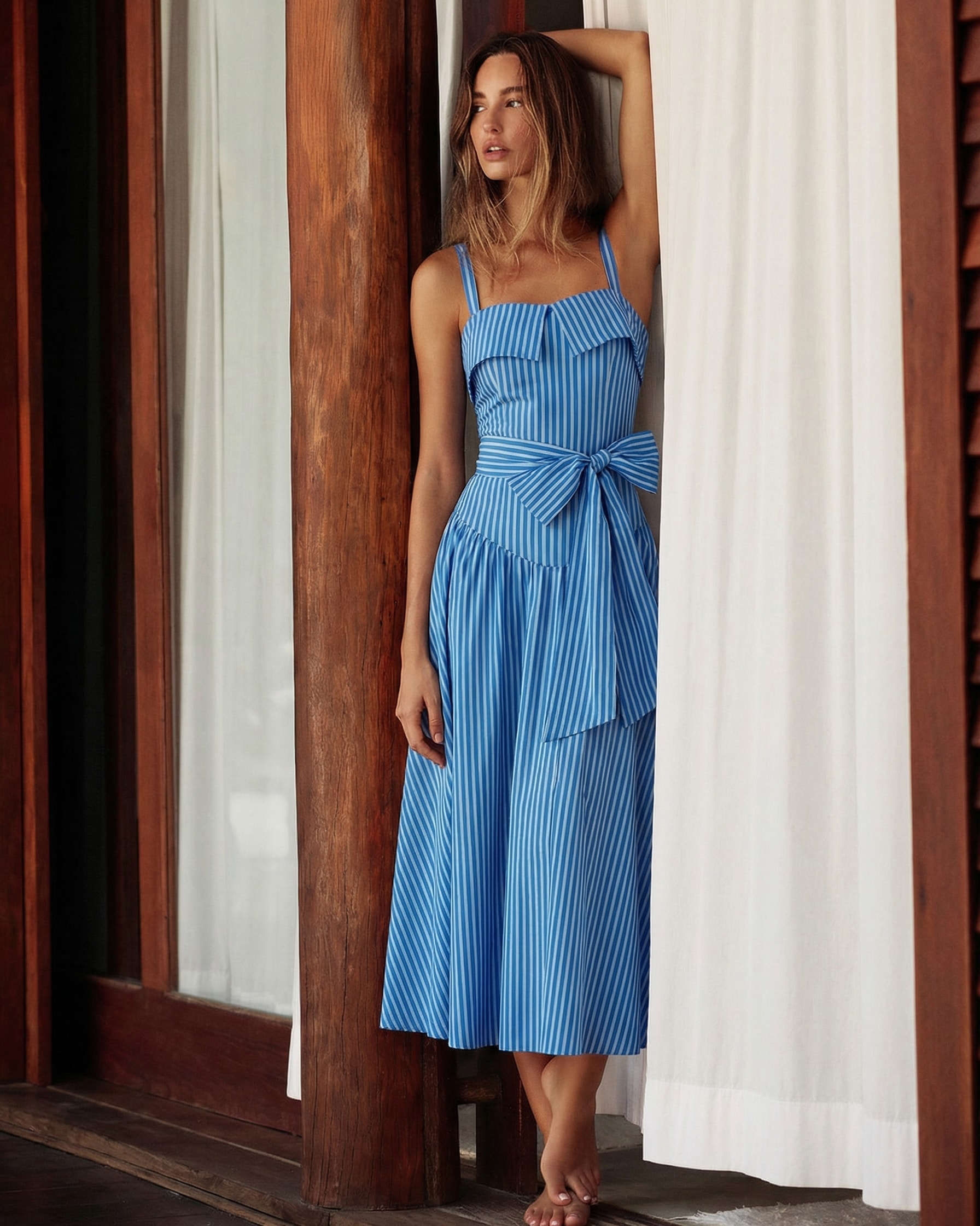 Bandeau Bowknot Decor Striped Print Swimsuit Set(s)