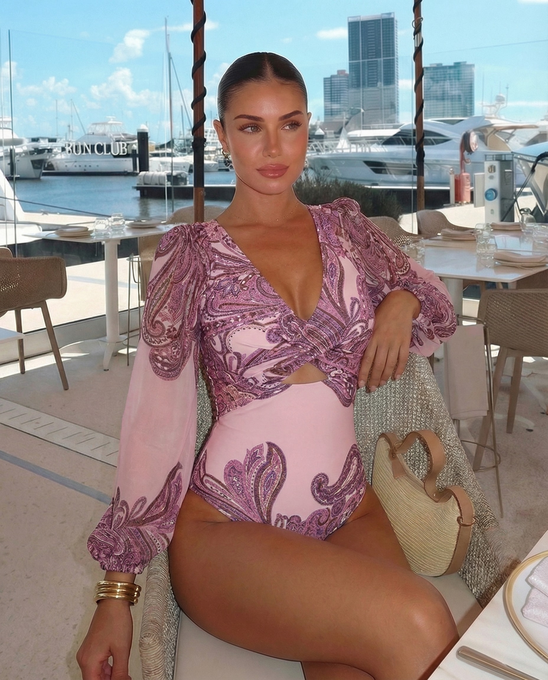 Long Sleeves Cut Out Paisley Print Swimsuit Set(s)